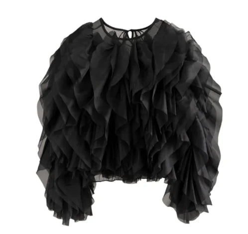Elegant Blus med Volanger och Lager-på-Lager Meshdesign (One piece)