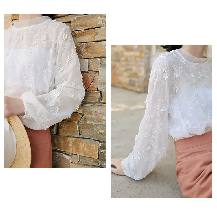 Blus i spets och broderad chiffong med puffärmar
