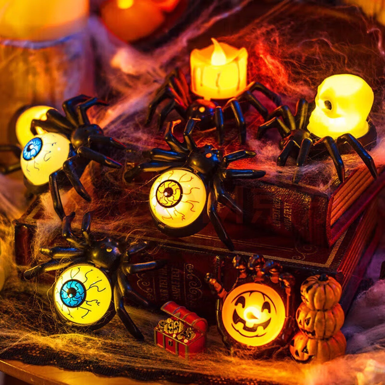 🕷️🎃 Halloween Ljusdekoration – Pumpa & Spindelmotiv 👻