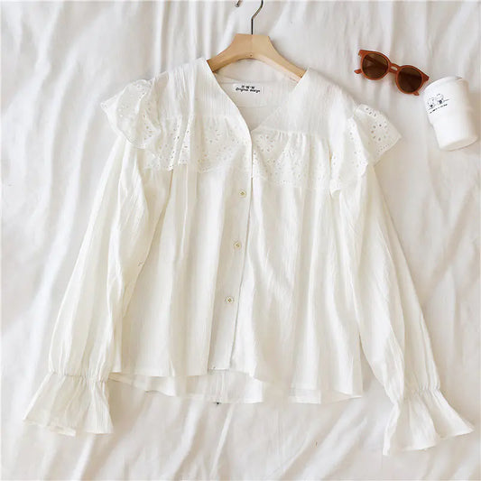 💫 2020 Vintage Spetsblus med Volang och V-ringning