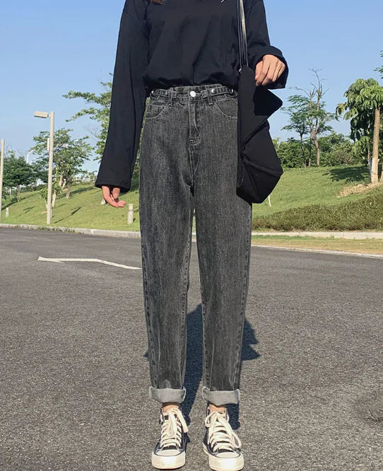 Högmidjade Raka Jeans - Lös Passform, Icke-Stretch Denim