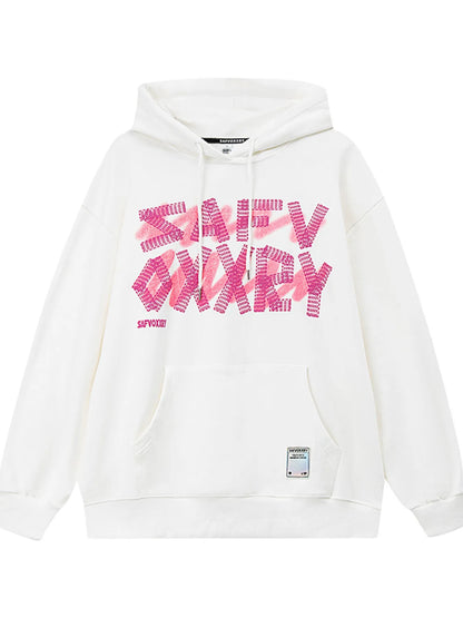 Herrhoodie i mörkgrå bomull med grafiskt bokstavstryck och dragsko i huvan