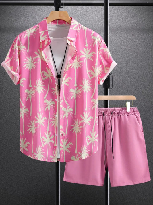 Herrset med palmtryckt topp och matchande shorts i dimrosa