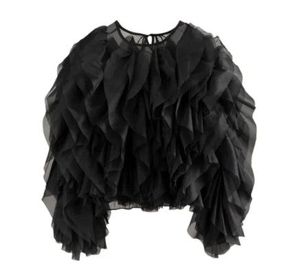 Elegant Blus med Volanger och Lager-på-Lager Meshdesign (One piece)