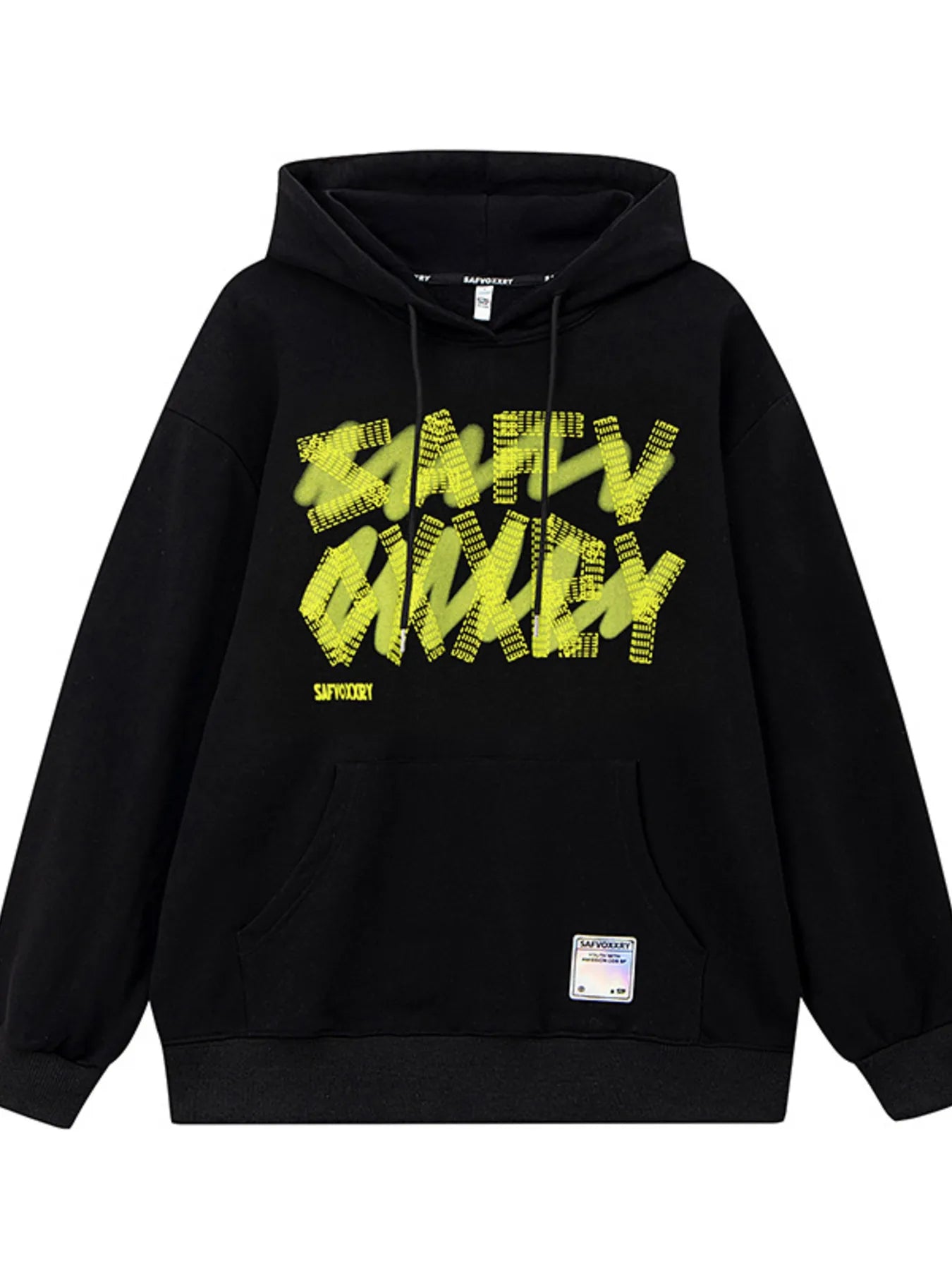 Herrhoodie i mörkgrå bomull med grafiskt bokstavstryck och dragsko i huvan