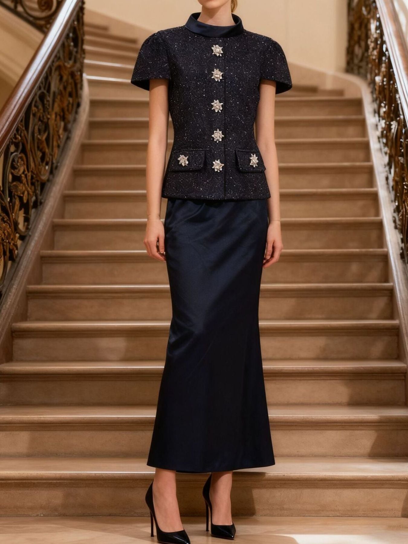 Tvådelat set med tweed-kavaj och satinkjol i elegant kombination