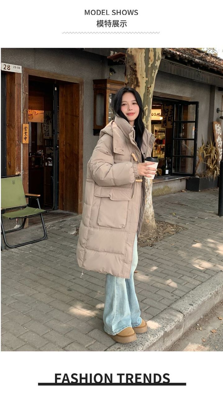 Lång vadderad vinterjacka med huva