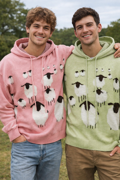 Hoodie med fårprint och dragsko – herr