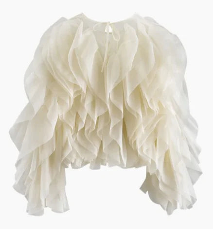 Elegant blus volanger mesh dam vit