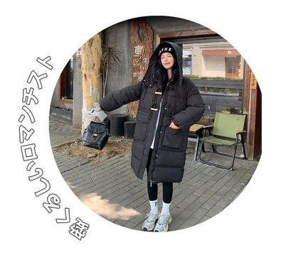 Lång vadderad vinterjacka med huva