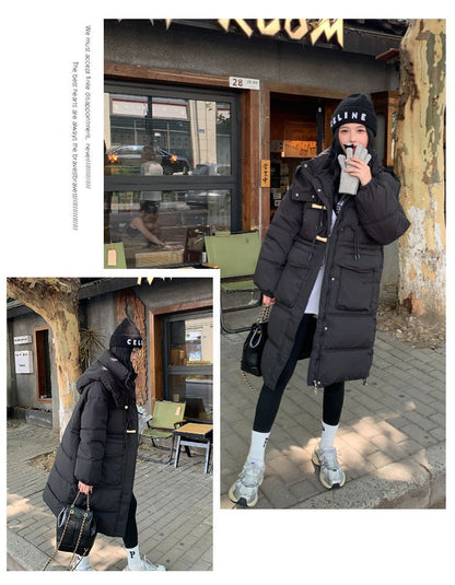 Lång vadderad vinterjacka med huva