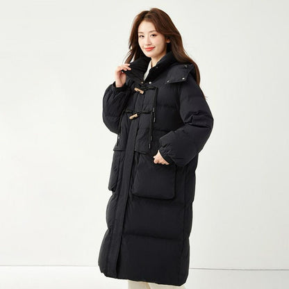 Lång vadderad vinterjacka med huva