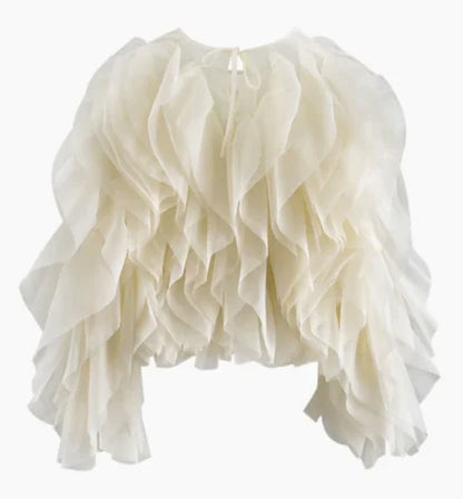 Elegant Blus med Volanger och Lager-på-Lager Meshdesign (One piece)