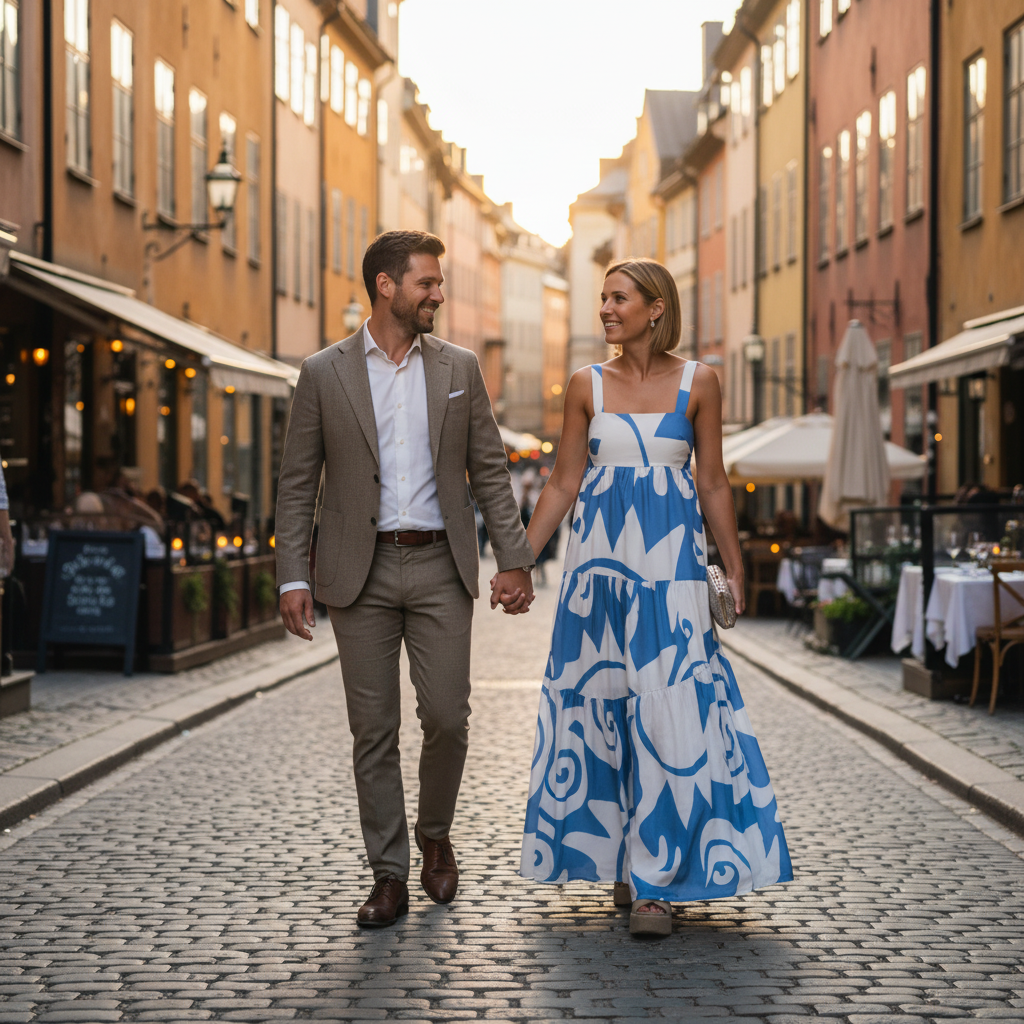 Mönstrad Maxiklänning med Volanger & Fyrkantig Urringning
