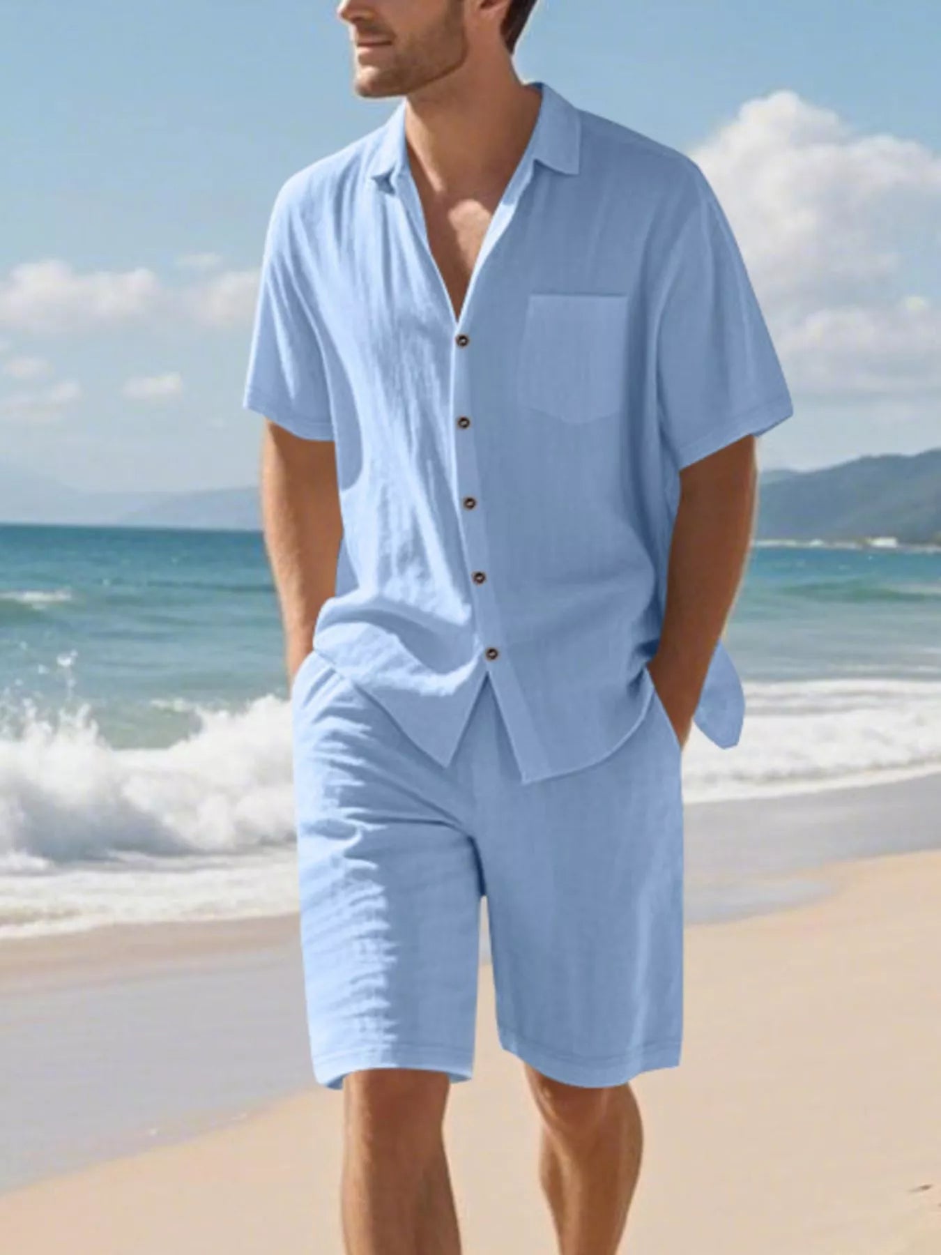 Herrset med casual knappskjorta och matchande shorts – finns i 6 färger