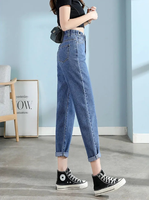 Högmidjade Raka Jeans - Lös Passform, Icke-Stretch Denim