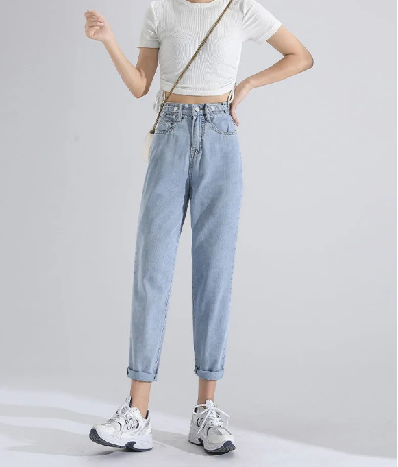 Högmidjade Raka Jeans - Lös Passform, Icke-Stretch Denim