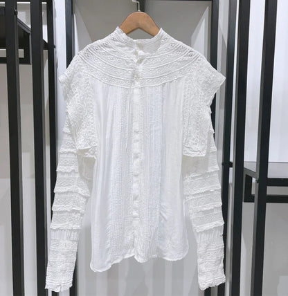 Vintage Fransk Romantisk Spetsblus med Puffärmar