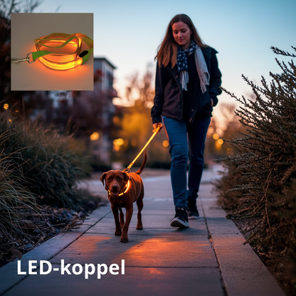 Hundkoppel med LED-ljus för kvällspromenader