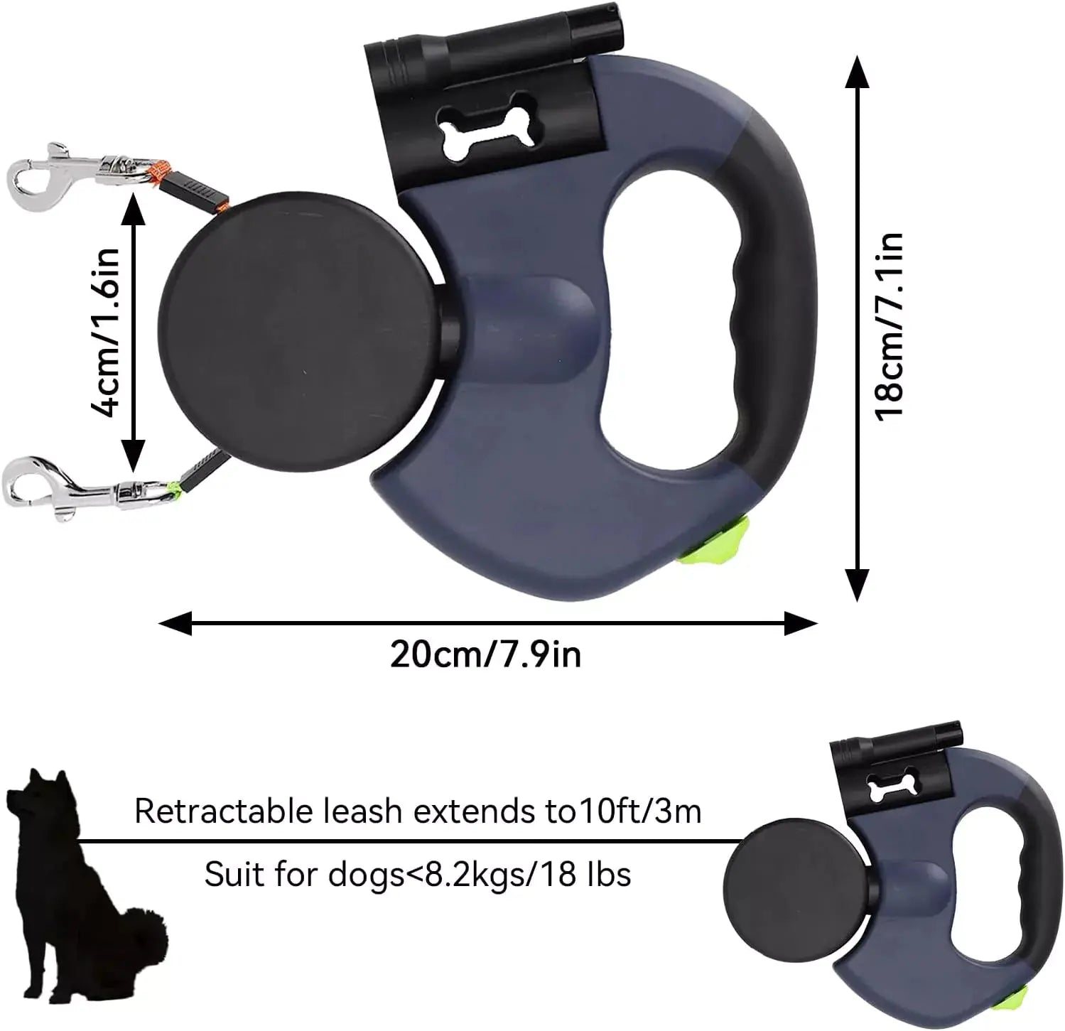 Dubbelt Rullkoppel för 2 Hundar – 3 Meter med LED-Ficklampa